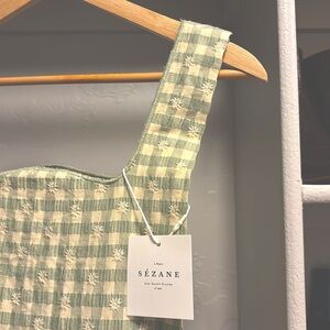 Sezane Supermarket Gingham Fleuri Tote in Sage NWT FREE WITH 200 PURCHASE